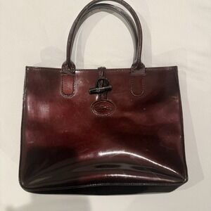 Authentic Longchamp Roseau Burgundy Patent Leather Medium Tote Bag Bamboo Clasp